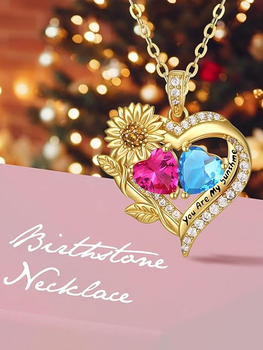 Sunflower Heart Necklace for Women 14K Gold Exquisite Valentines Day Anniversary Birthday Gifts for Wife Mother Her Double Birthstone Pendant Jewelry‘You Are My Sunshine’