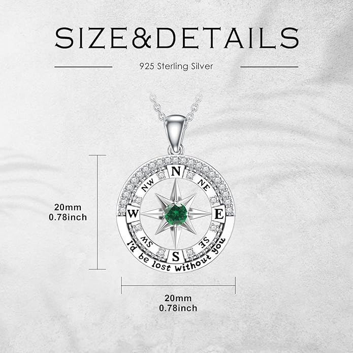 Compass Birthstone Necklace Gift for 2025 Graduation 925 Sterling Silver Compass ‘I'd be Lost Without You’ Pendant Necklaces Jewelry for Women Her Wife Gift for Birthday Anniversary