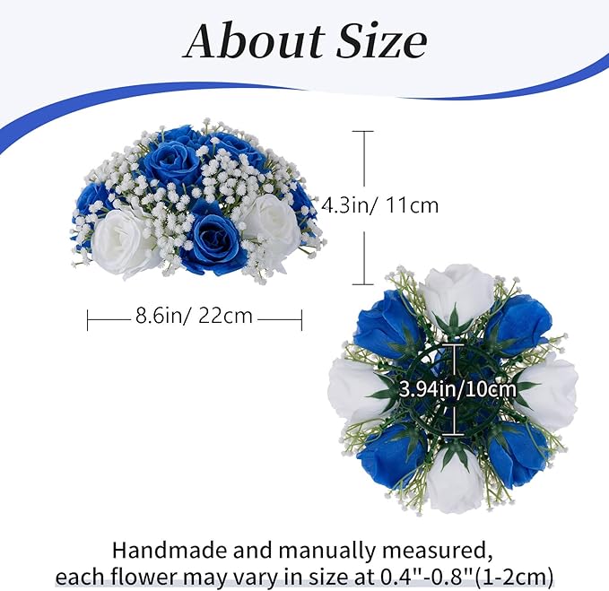 BLOSMON Fake Flowers Ball Wedding Centerpieces 10 Pcs Royal Blue Rose Babys Breath Artificial Flowers Center Pieces Decoration for Table Faux Silk Floral Bouquet Arrangements for Home Party DIY Decor