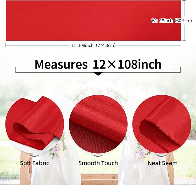 20 Pack Satin Table Runner 12 x 108 Inch Long,Satin Silk Table Runner for Wedding,Birthday Party and Banquet Decoration,Red
