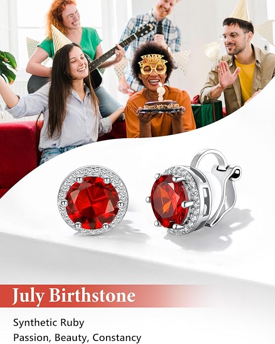 Silvora 925 Silver 8MM Cubic Zirconia Birthstone Clip On Stud Earrings Round Non Pierced Earrings For Women,Come with Box