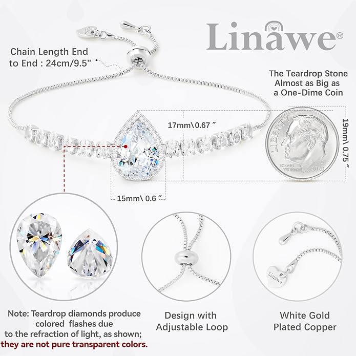 Linawe Crystal Imitation Diamond Rhinestone Charm Bracelets for Women, Gold/Silver/Rose Gold Adjustable Chain Bracelet, Teardrop Birthstone Cubic Zirconia Prom Costume Wedding Jewelry