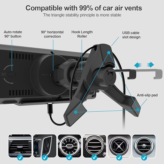 Wireless Car Charger for Z Fold 6/5/4/3, Dual Coil Cup Holder Phone Mount for Tesla, Fast Charging Auto Clamping Auto Rotation 90° Air Vent Mount for iPhone 16/15/14/13/12 Serie