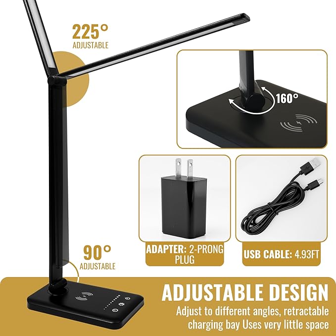 LED Desk Lamp with Wireless Charger – Touch Control Dorm Desk Lamp with USB Charging Station, 3 Color Modes & 5 Brightness Levels, Ideal for Home, Office, Bedroom, Study Area, & College Dorm, Black