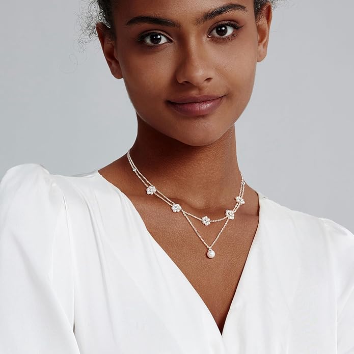 Zeffy Gold Pearl Necklace for Women, Dainty 14K Gold/Silve Plated Layered Pearl Choker Pearl Earrings Pearl Bracelets Wedding Trendy Gold Jewelry Set for Women Gifts