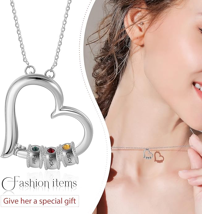 Personalized Women's Pendant Necklace 925 Sterling Silver with 1-5 Simulated Birthstone Names Customized Heart Shape Cubic Zirconia Necklace