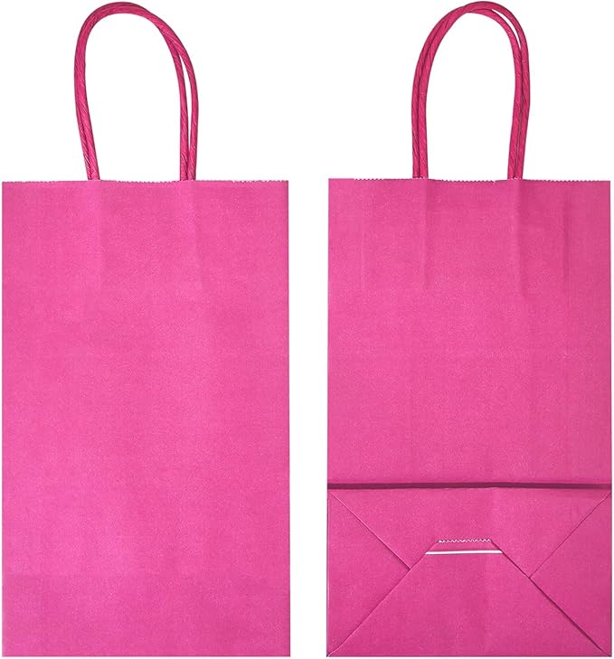 DjinnGlory 100 Pack Small Hot Pink Paper Gift Bags with Handles 9x5.5x3.15 Inch for Small Business, Weddings, Bridal Showers, Themed Birthday Party Goodies Favors