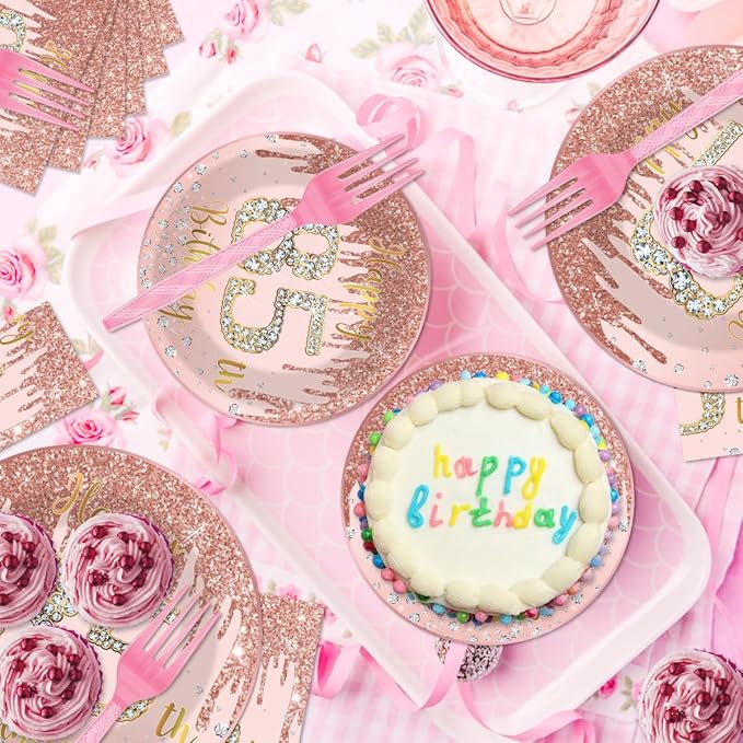96Pcs 85th Birthday Decorations for Women Disposable Tableware Set -Rose Gold Happy 85th Birthday Paper Plates Napkins Forks 85 Years Old Party Supplies Serve 24 Guests