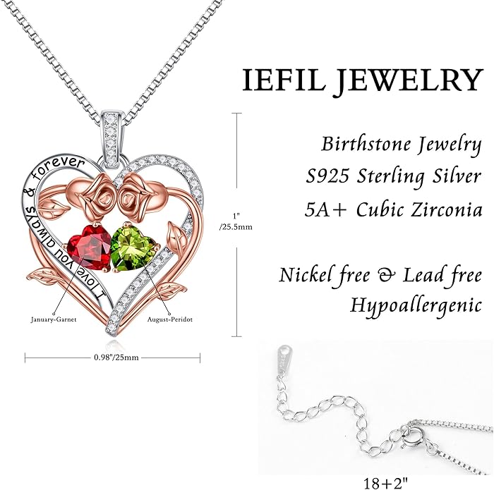 Iefil Valentines Gifts for Her Wife Women - Rose Heart Double Birthstone Necklace Gift for Wife Girlfriend Her Women, Birthstone Jewelry Gemstone Birthday Gifts for Mom Grandma Her