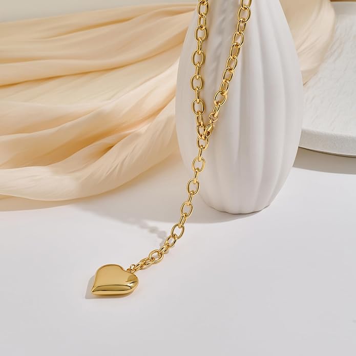 Valentine's Day Gifts for Women - Chunky Heart Necklaces for Women, Statement Long Lariat Layered Gold Heart Pendant Necklaces, Statement Jewelry | Big Y-shape Jewelry
