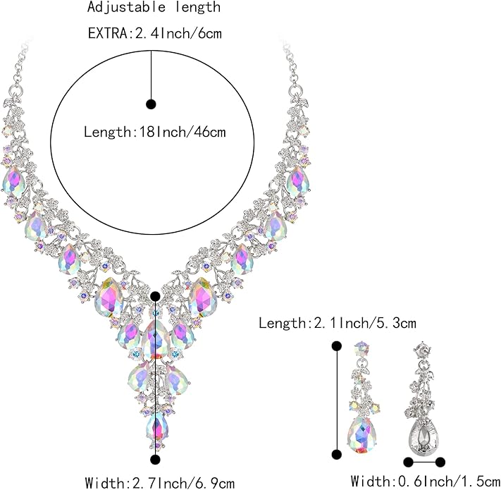 BriLove Women's Wedding Bridal Austrian Crystal Teardrop Flower Cluster Statement Necklace Dangle Earrings Jewelry Set for Party Prom