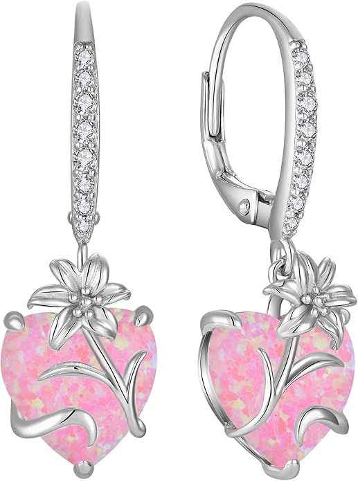 YL Heart Dangle Earrings for Women Sterling Silver Lily Flower Leverback Earrings Created Opal Flower Jewelry