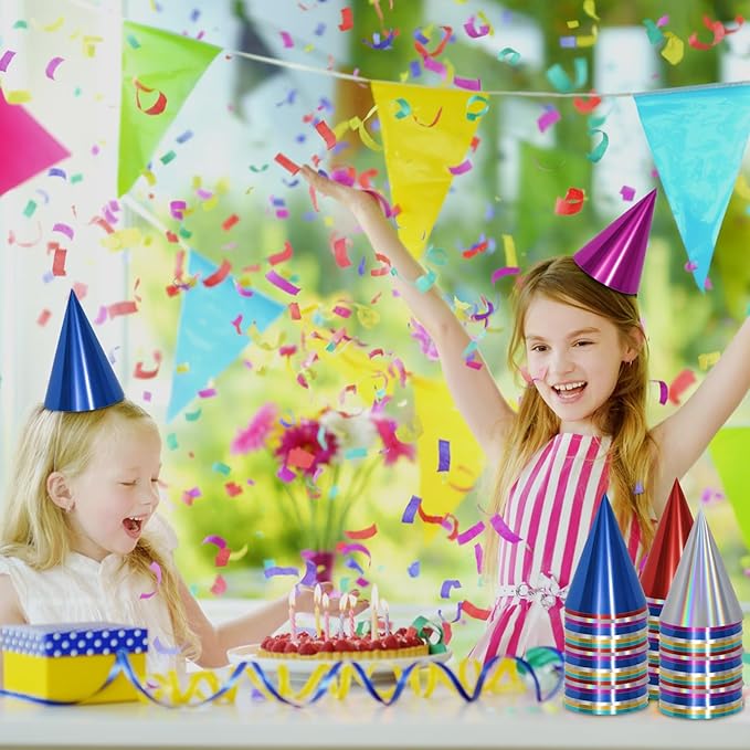 40/80 Pcs Metallic Cone Birthday Party Hats Bulk with Elastic String, 8 Colorful Celebration Headwear for Kids Adults