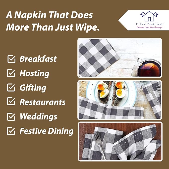 LFH Home 100% Cotton Cloth Reusable Dinner Napkins Set of 12 Washable Soft Decorative Buffalo Plaid Gingham and Checkered Table Napkins for Holidays Wedding Farmhouse Decor 18x18 Inch-Charcoal & White