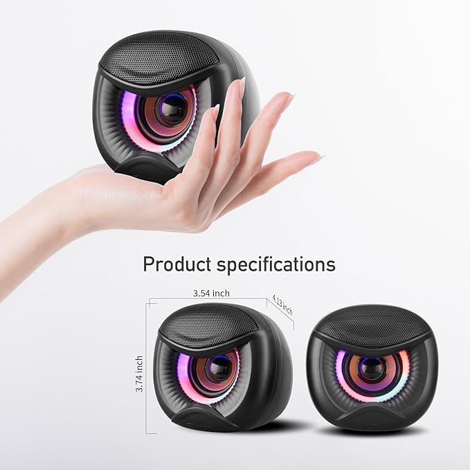 USB Powered Computer Speakers with RGB Colorful Lighting 2.0 Stereo Sound System, Headphone Jack, Plug and Play, Works with PC/Laptop (USB-C Adapter Included)