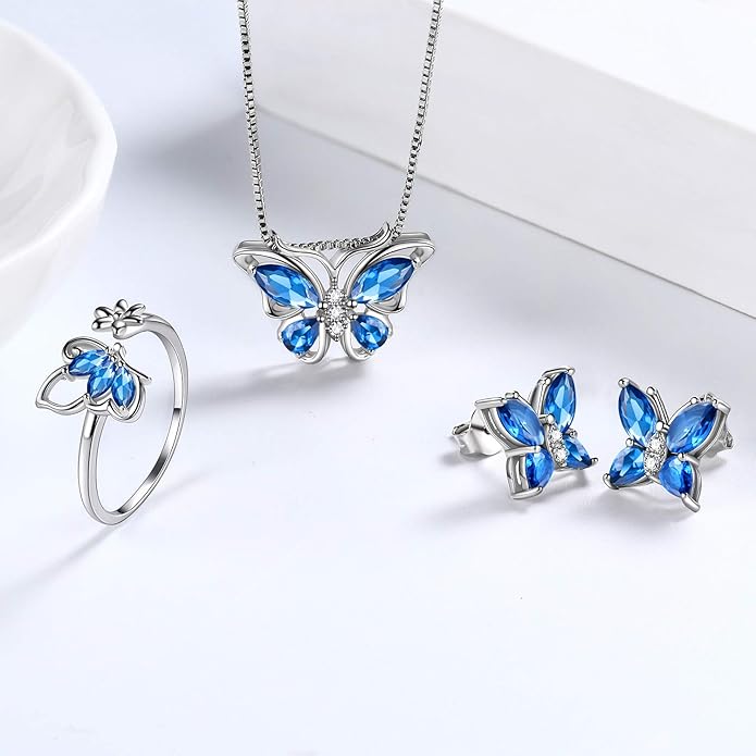 Aurora Tears Butterfly Jewelry,Women 925 Sterling Silver Butterflies Birthstone Pendant Necklace/Earrings/Rings Wedding Gift