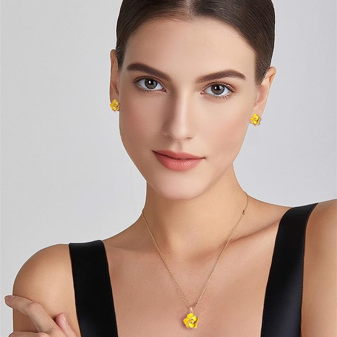 Dainty Rose Flower Pendant Necklace Clip On Earrings Set for Women 14K Gold Plated Hypoallergenic Jewelry Sets