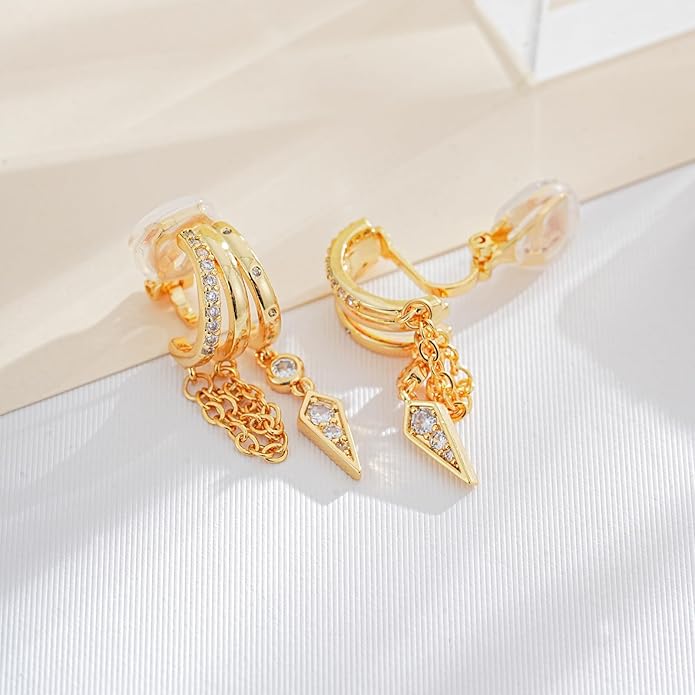 Gold Clip On Earrings for Women Sparkly Tassel Chain Drop Clip-On Earrings 18k Gold Plated Statement Non-Pierced Jewelry Gifts
