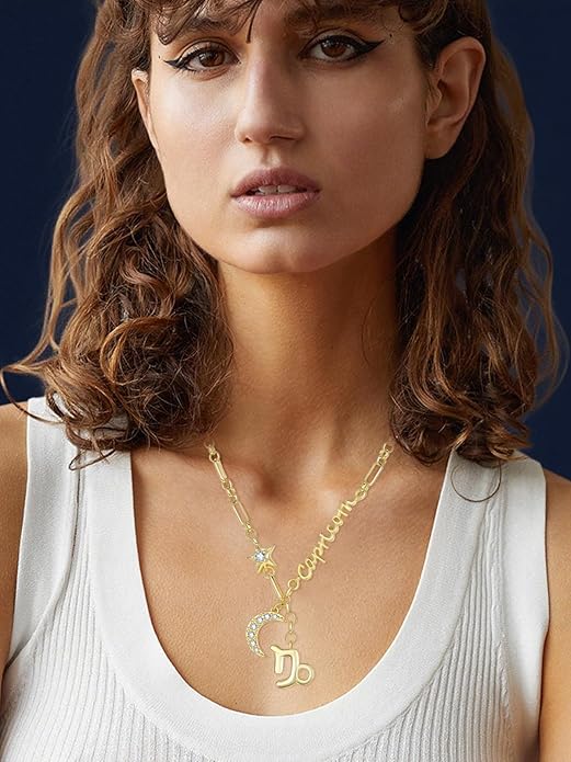 14K Gold/Rose Gold Zodiac Necklace for Women - Horoscope Constellation Pendant with Moon and Star, Luxury Birthday Gifts Jewelry for Her (12 Zodiac Signs)
