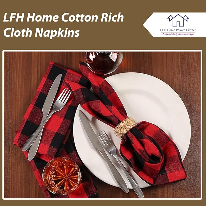 LFH Home 100% Cotton Cloth Reusable Dinner Napkins Set of 12 Washable Soft Decorative Buffalo Plaid Gingham and Checkered Table Napkins for Holidays Wedding Farmhouse Decor 18x18 Inch-Red & Black