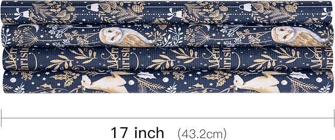 RUSPEPA Christmas Kraft Wrapping Paper Roll - Blue Owl, Reindeer, Christmas Ball and Text Design - 17 inches x 10 feet per Roll, Total of 4 Rolls