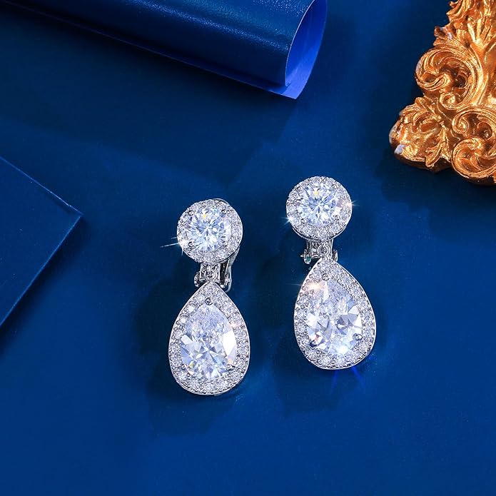 Elegant Cubic Zirconia Long Clip-On Earrings, Teardrop Crystal Dangle Design, Non-Pierced Ears, Wedding Bridal Party Jewelry