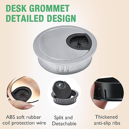 2 Pcs Desk Grommet 2" / 50 mm, Desk Cord Hole Cover, Cable Grommet Metal Zinc Alloy Materilal, Desk Hole Grommet for Home & Office Pc, Detachable Cable Cord Organizer-Brushed Silver