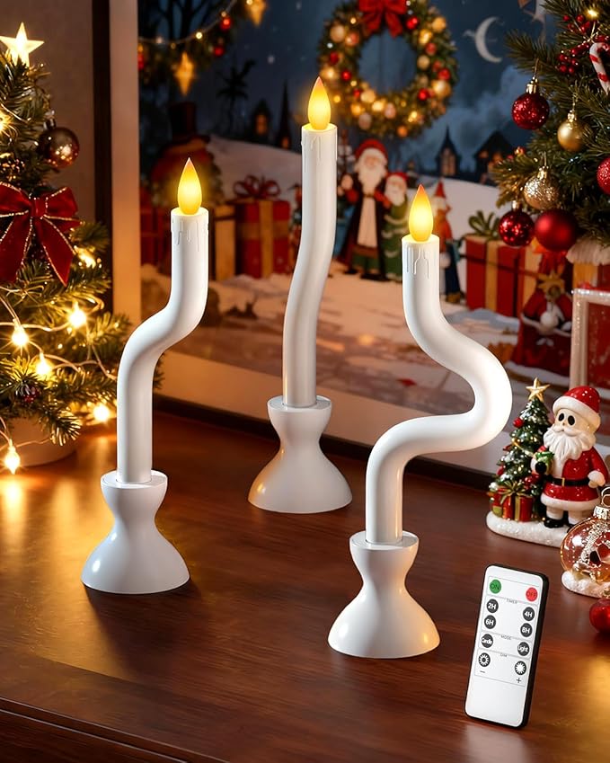COOLWUFAN Christmas Window Candles, 3 Pcs Flameless Taper Candles with Remote Timer, Battery Operated Dripless LED Flickering 3D Flame, Holiday Decor for Home, Party (White Base)