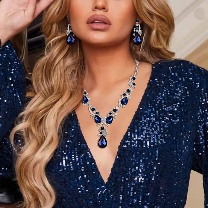 BriLove Wedding Bridal Jewelry for Women Multi Teardrop Cluster Crystal Statement Necklace Dangle Earrings Link Bracelet Set