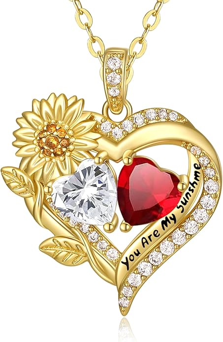 Sunflower Heart Necklace for Women 14K Gold Exquisite Valentines Day Anniversary Birthday Gifts for Wife Mother Her Double Birthstone Pendant Jewelry‘You Are My Sunshine’
