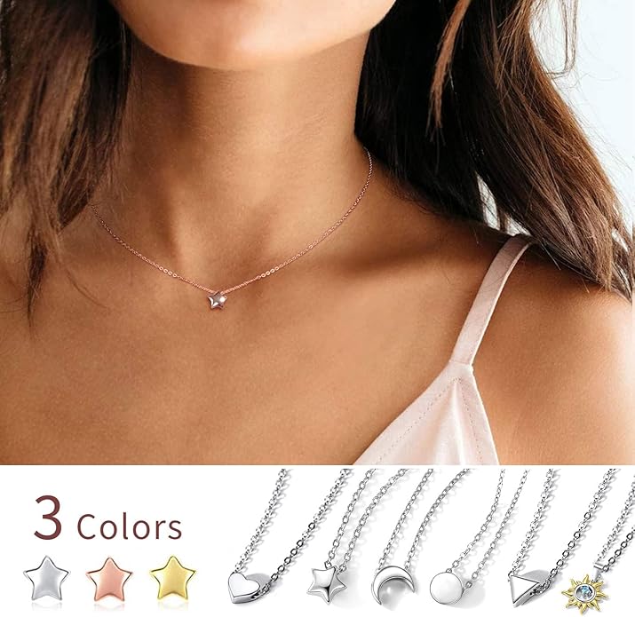 ChicSilver Personalized 925 Sterling Silver Dainty Small Heart/Star/Moon/Dot/Triangle Pendant Necklace for Women, Silver/Gold/Rose Gold/Black (with Gift Box)