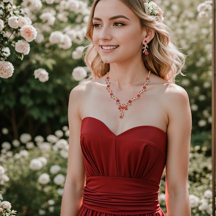 BriLove Women's Wedding Jewelry Leaf Cluster Flower Crystal Dangle Earrings Pendant Necklace Set for Bridal