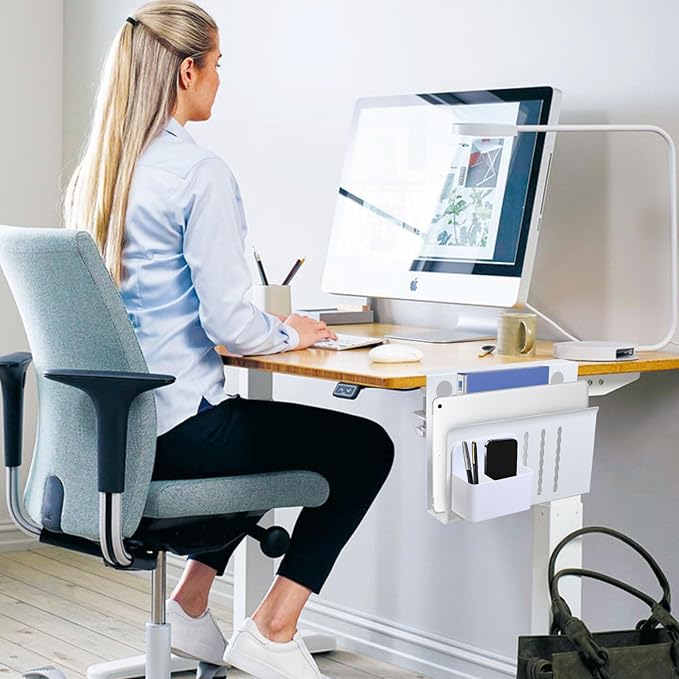 LUKETURE Laptop Holder, Steel Desk Side Storage, No Drill Standing Desk Accessories, Clamp on Laptop Mount with Pen Holder, Fits Flat Edge Tables 0.3" to 2.8" (White, M(1 Tier))