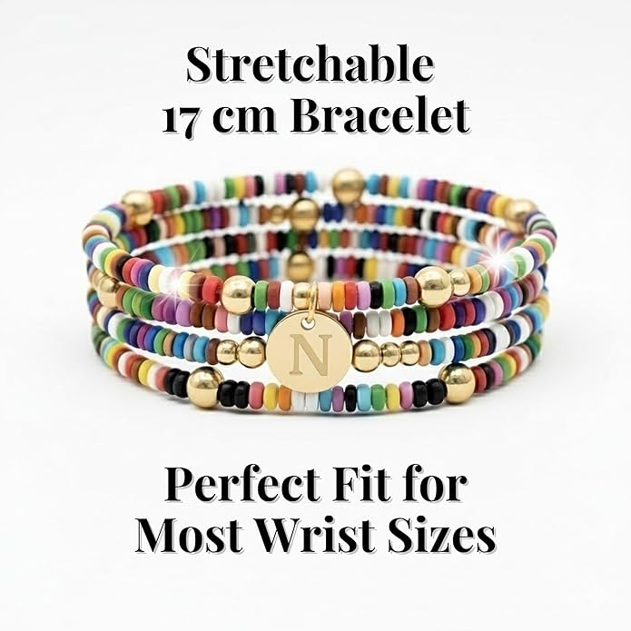Set of 4 Colorful Bead Initial Bracelets, Personalized Stackable Jewelry, Adjustable Stretchy Charm Bracelets for Women, Beaded Bracelet Set, Trendy Custom Jewelry Gift