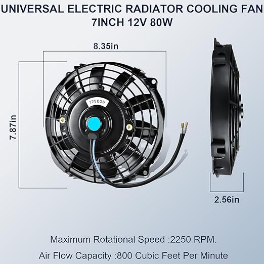 MuHize 7 Inch Slim Radiator Fan - 12V 80W 800 CFM High Performance Cooling Fan Kit with Mount for Universal Vehicles(Black, Pack of 2)
