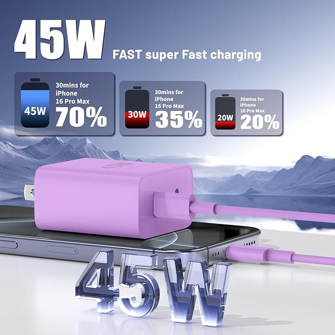 iPhone 16 15 Pro Max Charger Fast Charging,45W Dual Port USB C Fast Charger Block [2-Pack] & Extra Long 60W 3/6/10/10FT USB C Cable - PD Quick Adapter 3.0 for iPhone 16 15/16 15Pro/16 15 Plus.
