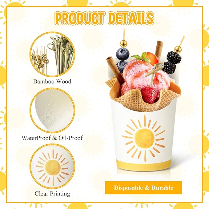 Tioncy 250 Pcs Charcuterie Cups with Cocktail Picks Sets, Bridal Shower Decoration 50 Charcuterie Cups with 200 Sticks for Wedding Baby Shower Floral Boho Witch Party Decorations(Orange,Boho Sun)