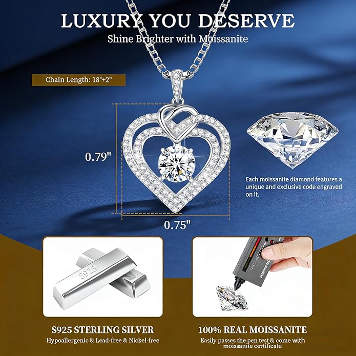 Gorgeous Moissanite Necklaces for Women - Valentine's Day Gifts for Wife Girlfriend, 925 Sterling Silver 1-3CT Moissanite Pendant Jewelry, Wedding Anniversary Birthday Christmas for Mom