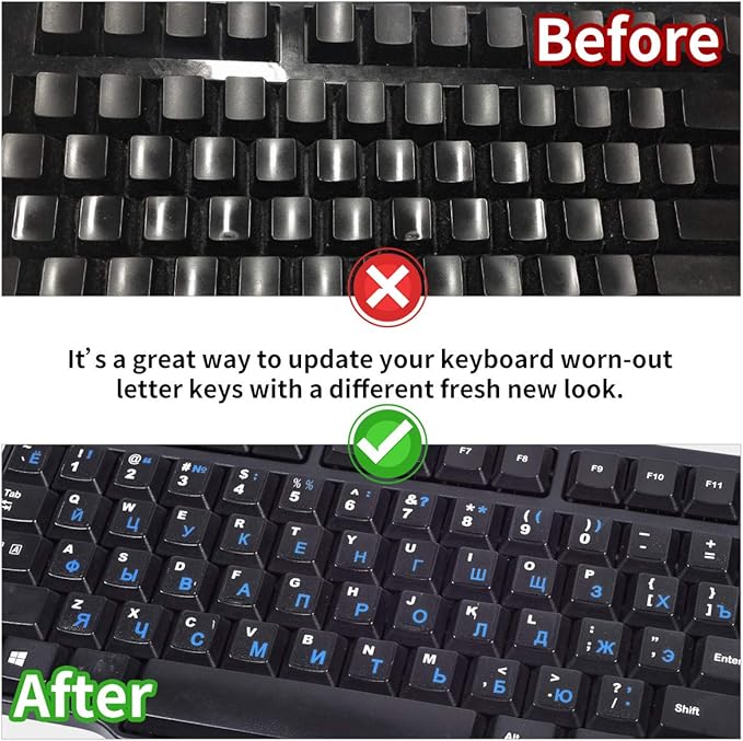 2PCS Russian Keyboard Stickers, Cyrillic Keyboard Letters Replacement Sticker Blue Font with Black Background for PC Computer Laptop Notebook Desktop, Russian-English Keyboard Alphabet Stickers