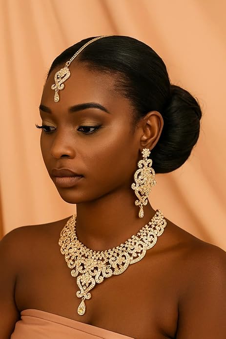 Touchstone Indian jewelry set for women bollywood gold jewellery wedding outfits necklace sets earrings bridal maang tikka fancy costume girls big desi accessories rhinestone in gold or silver tone