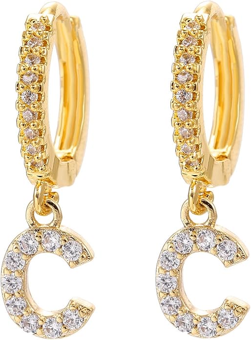14K Gold Dangle Drop Initial Earrings for Women Dainty CZ Huggie Hoop Name Letter Earrings S925 Sterling Silver Post with Cubic Zirconia Hypoallergenic Gifts Jewelry