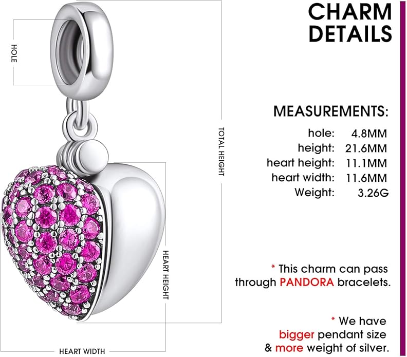 NINGAN “I Love You” Dangle Charm Love Heart Pendant Bead for Women Wife Girlfriend with 5A Cubic Zirconia for Charm Bracelets 925 Sterling Silver