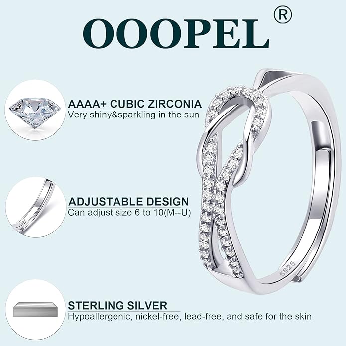 OOOPEL Sterling Silver Adjustable Ring S925 Silver Rings for Women Cubic Zirconia Twist Love Knot Dainty Ring Silver Minimalist Open Finger Rings Silver Thumb Sterling Silver Ring