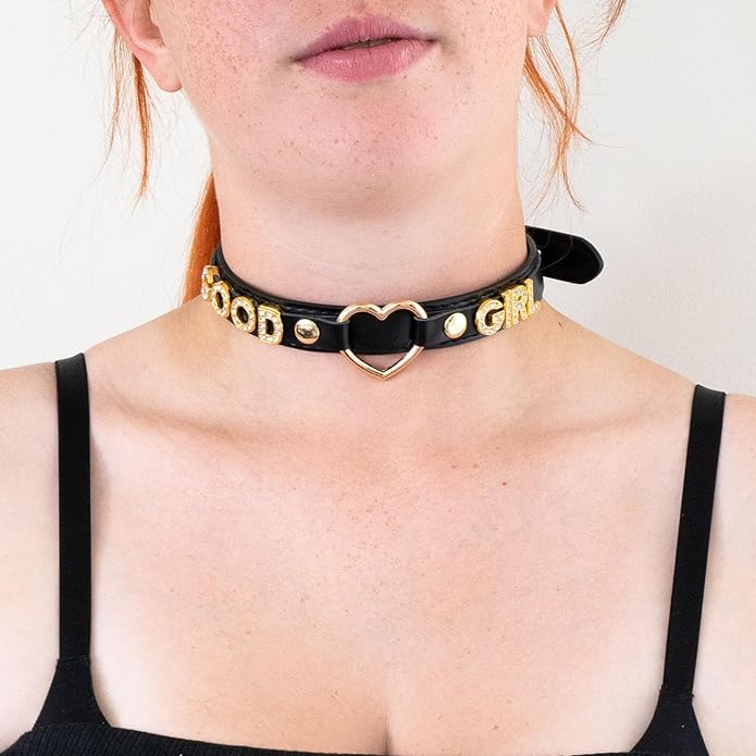 Handmade Gold Heart O-Ring Letter Choker Necklace for Women, Adjustable PU Leather Black/Pink Choker Collar For Women, Goth Choker Collars Necklace