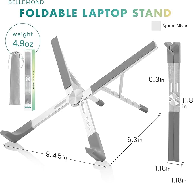 BELLEMOND | X-Shape Laptop Stand – Adjustable Aluminum Riser, 5 Height Levels, Lightweight & Foldable, Ventilated, for Laptops and Tablets up to 17.3" | Space Silver