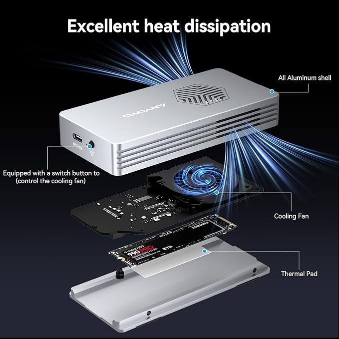 ANYOYO 40Gbps M.2 NVMe SSD Enclosure with Cooling Fan for M1 M2 Pro/Max,M.2 NVMe Enclosure Compatible with Thunderbolt 3/4/5/USB4/3.2/3.1 Support M/B+M Key Size 2230/2242/2260/2280 up to 2700 MB/s