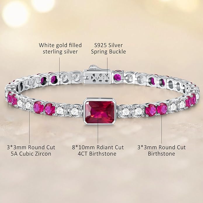 Birthstone Bracelets for Women Birthday Gifts 4CT Radiant Cut Birthstone 4mm Sterling Silver White Gold Tennis Bracelets for Women Round Cut 5A Cubic Zirconia Bezel Setting 7 Inch