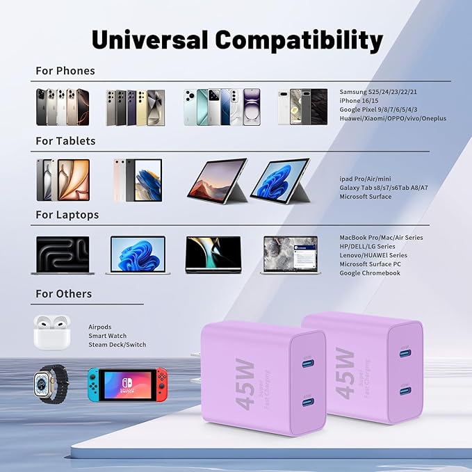 iPhone 16 15 Pro Max Charger Fast Charging,45W Dual Port USB C Fast Charger Block [2-Pack] & Extra Long 60W 3/6/10/10FT USB C Cable - PD Quick Adapter 3.0 for iPhone 16 15/16 15Pro/16 15 Plus.