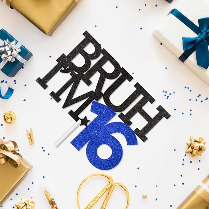 Bruh I'm 16 Cake Topper, Happy 16th Birthday Decorations for Boy, Funny 16th Birthday Cake Topper Birthday Party Decoration Supplies