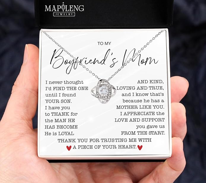 To My Boyfriend's Mom Love Knot Necklace, Elegant Jewelry Gift From Girlfriend, Meaningful Mothers Day Surprise, Birthday Christmas Keepsake With Heartfelt Message